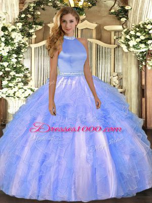 Fitting Baby Blue Sleeveless Floor Length Beading and Ruffles Backless Quinceanera Dresses