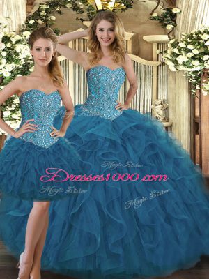 Great Sweetheart Sleeveless Lace Up Quinceanera Gowns Teal Tulle