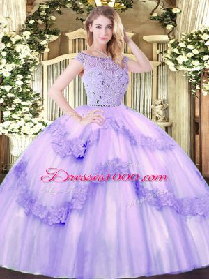 Fancy Lavender Sleeveless Tulle Zipper Sweet 16 Quinceanera Dress for Military Ball and Sweet 16 and Quinceanera