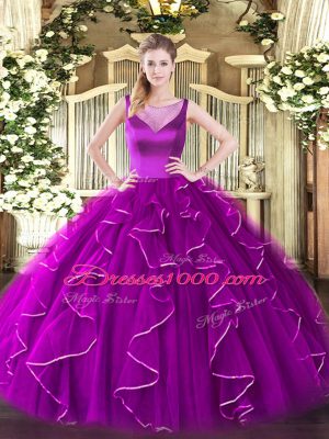 Scoop Sleeveless Sweet 16 Dresses Floor Length Beading and Ruffles Fuchsia Organza