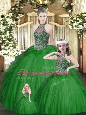 Romantic Floor Length Lace Up Quince Ball Gowns Green for Military Ball and Sweet 16 and Quinceanera with Beading and Ruffles