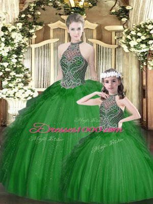 Romantic Floor Length Lace Up Quince Ball Gowns Green for Military Ball and Sweet 16 and Quinceanera with Beading and Ruffles