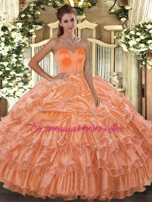 Sexy Orange Sleeveless Organza Lace Up Quinceanera Gown for Military Ball and Sweet 16 and Quinceanera