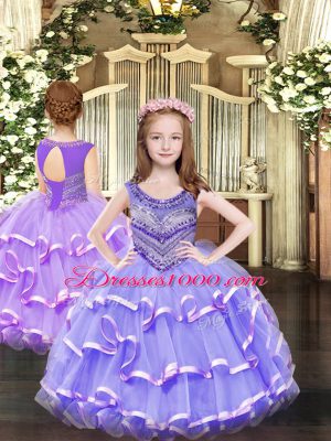 Beauteous Sleeveless Organza Floor Length Lace Up Womens Party Dresses in Lavender with Beading and Ruffled Layers