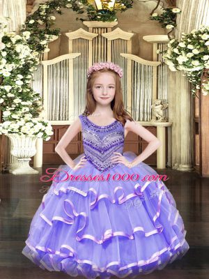 Beauteous Sleeveless Organza Floor Length Lace Up Womens Party Dresses in Lavender with Beading and Ruffled Layers