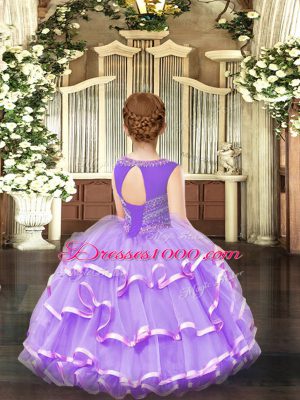 Beauteous Sleeveless Organza Floor Length Lace Up Womens Party Dresses in Lavender with Beading and Ruffled Layers
