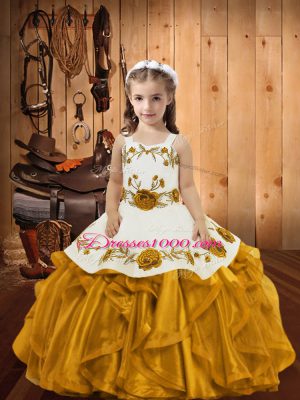 Eye-catching Embroidery and Ruffles Little Girl Pageant Dress Gold Zipper Sleeveless Floor Length