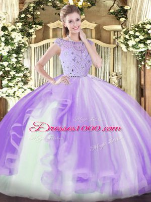 Tulle Bateau Sleeveless Zipper Beading and Ruffles Sweet 16 Quinceanera Dress in Lavender