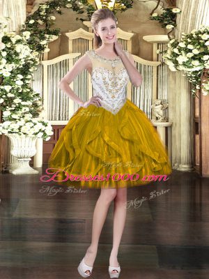 Charming Olive Green Tulle Zipper Scoop Sleeveless Mini Length Prom Dress Beading and Ruffles