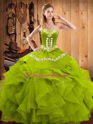 Classical Olive Green Sleeveless Floor Length Embroidery and Ruffles Lace Up Quinceanera Gown