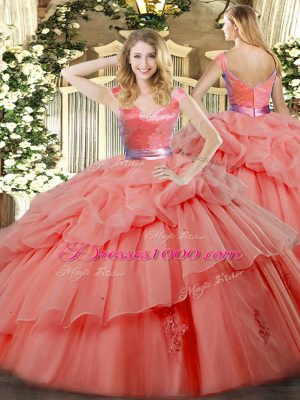 Delicate Watermelon Red V-neck Neckline Ruffled Layers Quinceanera Gown Sleeveless Zipper
