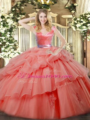 Delicate Watermelon Red V-neck Neckline Ruffled Layers Quinceanera Gown Sleeveless Zipper