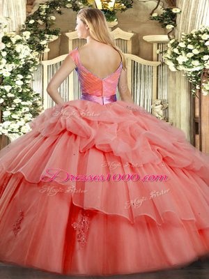 Delicate Watermelon Red V-neck Neckline Ruffled Layers Quinceanera Gown Sleeveless Zipper