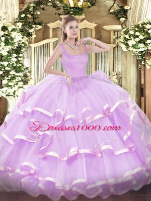 Lilac Zipper Quinceanera Dress Beading and Ruffled Layers Sleeveless Floor Length