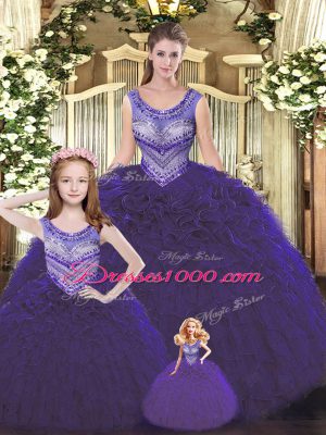Scoop Sleeveless Sweet 16 Dress Floor Length Beading and Ruffles Dark Purple Tulle
