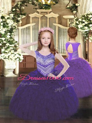 Scoop Sleeveless Sweet 16 Dress Floor Length Beading and Ruffles Dark Purple Tulle