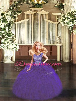 Scoop Sleeveless Sweet 16 Dress Floor Length Beading and Ruffles Dark Purple Tulle