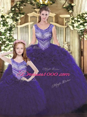 Scoop Sleeveless Sweet 16 Dress Floor Length Beading and Ruffles Dark Purple Tulle