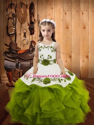 Embroidery and Ruffles Party Dresses Olive Green Lace Up Sleeveless Floor Length