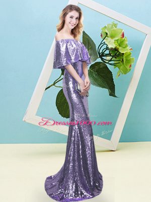 Inexpensive Lavender Zipper Off The Shoulder Sequins Dress for Prom Sequined Half Sleeves