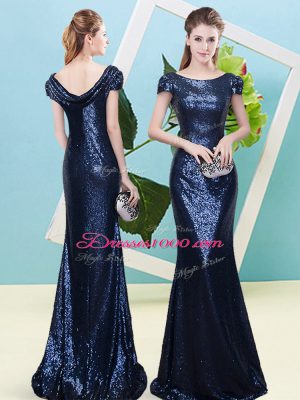 Fashion Floor Length Mermaid Cap Sleeves Navy Blue Prom Dress Zipper