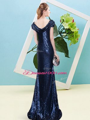 Fashion Floor Length Mermaid Cap Sleeves Navy Blue Prom Dress Zipper