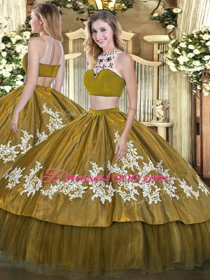 Trendy Olive Green Sleeveless Beading and Appliques Floor Length Quinceanera Gown