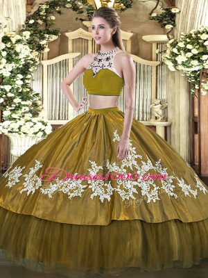 Trendy Olive Green Sleeveless Beading and Appliques Floor Length Quinceanera Gown
