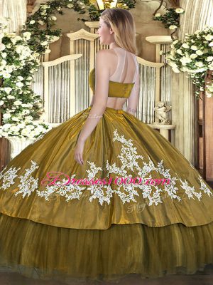 Trendy Olive Green Sleeveless Beading and Appliques Floor Length Quinceanera Gown