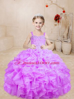 Straps Sleeveless Organza Pageant Dress for Womens Beading Lace Up