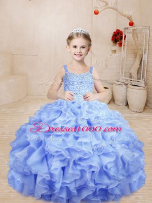 Custom Design Lavender Lace Up Pageant Gowns Beading and Ruffles Sleeveless Floor Length
