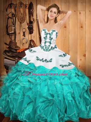 Embroidery and Ruffles Ball Gown Prom Dress Aqua Blue Lace Up Sleeveless Floor Length