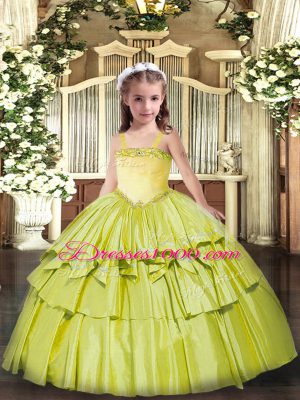Latest Floor Length Olive Green Little Girls Pageant Gowns Organza Sleeveless Appliques and Ruffled Layers