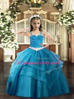Baby Blue Ball Gowns Appliques and Ruffled Layers Girls Pageant Dresses Lace Up Tulle Sleeveless Floor Length