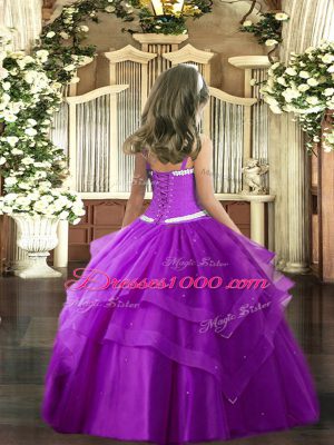 Baby Blue Ball Gowns Appliques and Ruffled Layers Girls Pageant Dresses Lace Up Tulle Sleeveless Floor Length