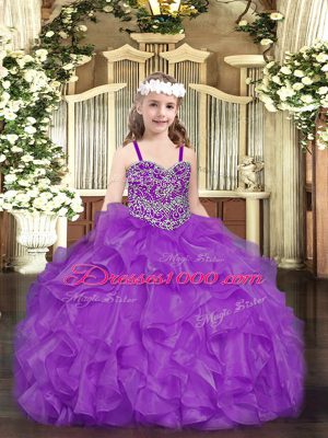 Purple Ball Gowns Organza Straps Sleeveless Beading and Ruffles Floor Length Lace Up Party Dresses