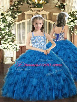 Fantastic Blue Sleeveless Beading and Ruffles Floor Length Pageant Dress for Womens