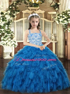 Fantastic Blue Sleeveless Beading and Ruffles Floor Length Pageant Dress for Womens