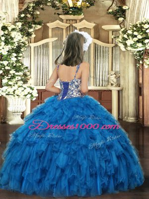 Fantastic Blue Sleeveless Beading and Ruffles Floor Length Pageant Dress for Womens