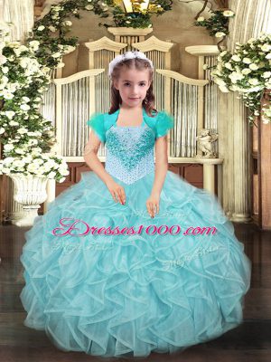 Fancy Straps Sleeveless Organza Pageant Dress for Teens Beading and Ruffles Lace Up