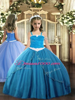 Appliques Pageant Gowns For Girls Blue Lace Up Sleeveless Sweep Train