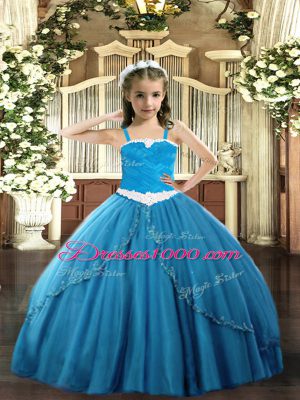 Appliques Pageant Gowns For Girls Blue Lace Up Sleeveless Sweep Train