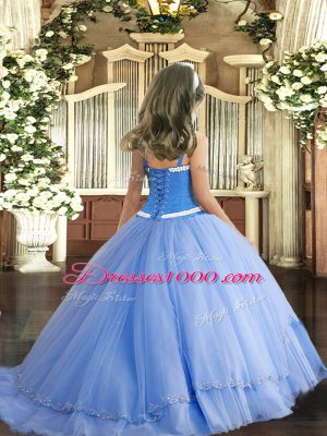 Appliques Pageant Gowns For Girls Blue Lace Up Sleeveless Sweep Train