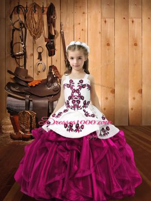Floor Length Fuchsia Little Girls Pageant Dress Organza Sleeveless Embroidery and Ruffles