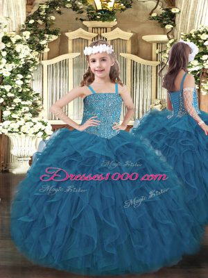 Best Selling Teal Ball Gowns Sweetheart Sleeveless Organza Floor Length Lace Up Beading and Ruffles Quinceanera Dress