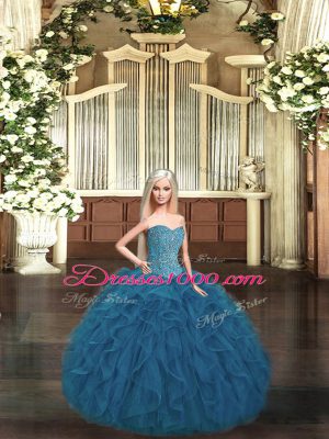 Best Selling Teal Ball Gowns Sweetheart Sleeveless Organza Floor Length Lace Up Beading and Ruffles Quinceanera Dress