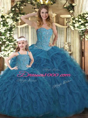 Best Selling Teal Ball Gowns Sweetheart Sleeveless Organza Floor Length Lace Up Beading and Ruffles Quinceanera Dress