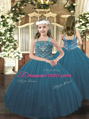 Teal Tulle Lace Up Sweetheart Sleeveless Floor Length Sweet 16 Quinceanera Dress Beading