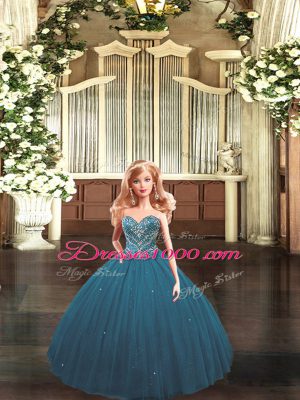 Teal Tulle Lace Up Sweetheart Sleeveless Floor Length Sweet 16 Quinceanera Dress Beading