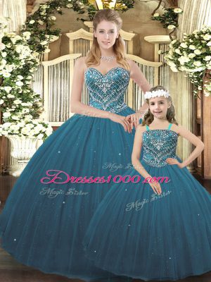 Teal Tulle Lace Up Sweetheart Sleeveless Floor Length Sweet 16 Quinceanera Dress Beading